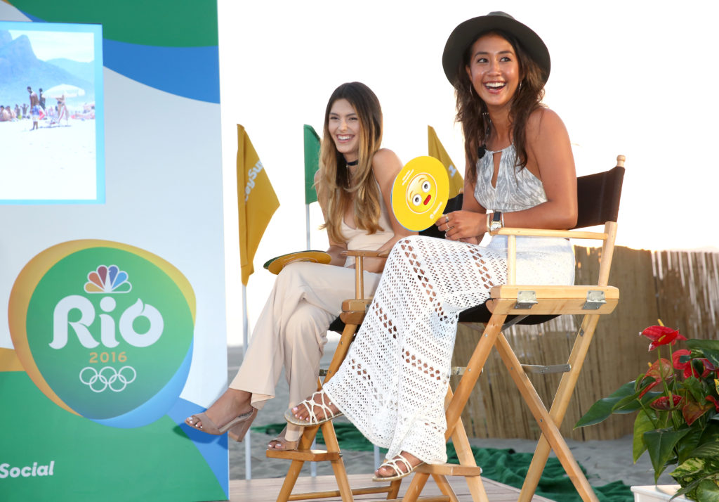 SANTA MONICA, CA - JULY 26: Model Julia Friedman (L) and surfer Kelia Moniz attend the NBC Olympic Social Opening Ceremony at Jonathan Beach Club on July 26, 2016 in Santa Monica, California. (Photo by Rachel Murray/Getty Images for NBC Olympic Social Opening Ceremony )